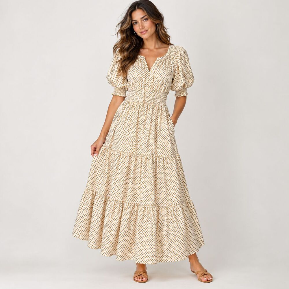 Anthropologie Somerset Maxi Dress M Gold Dot Puff Sleeve Smocked Cotton Tiered